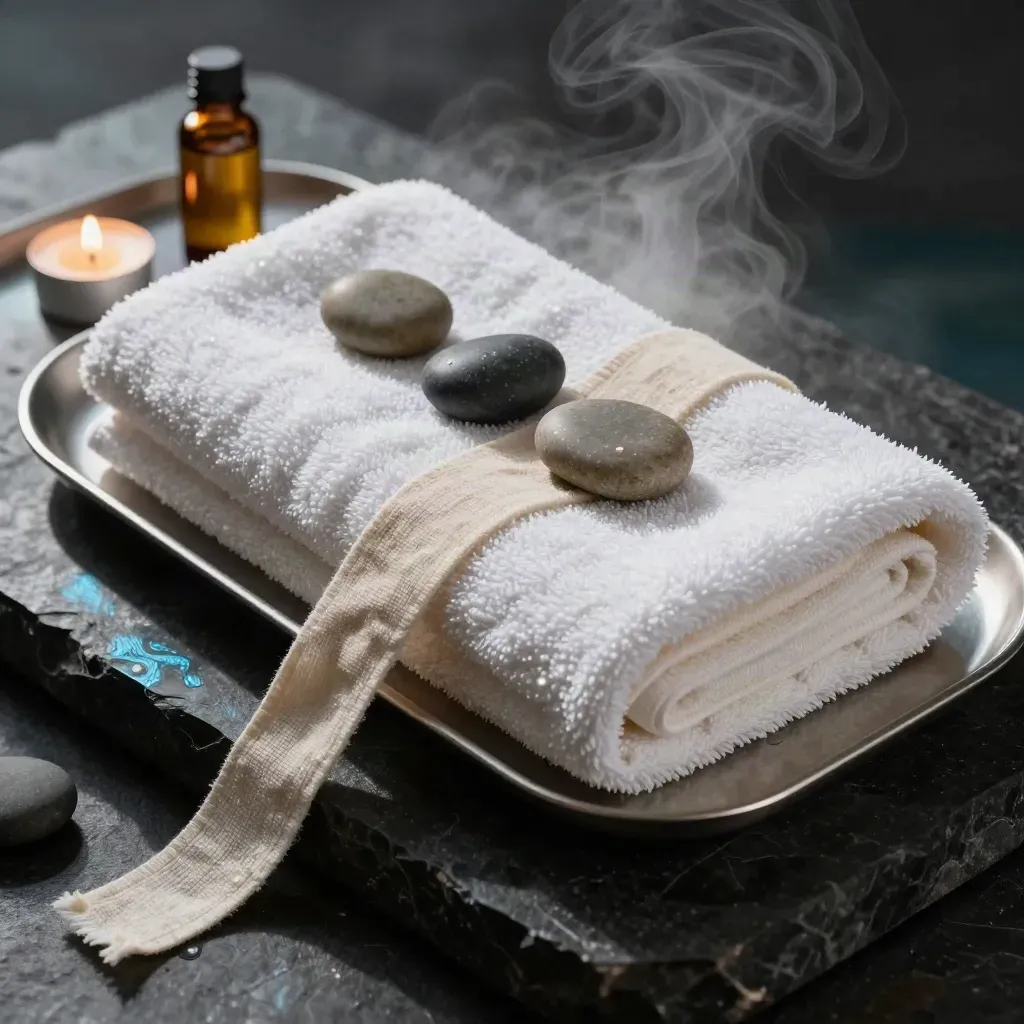 Havada süzülen spa havluları, taşlar, yağ şişesi ve mumdan lüks bir wellness düzeni.